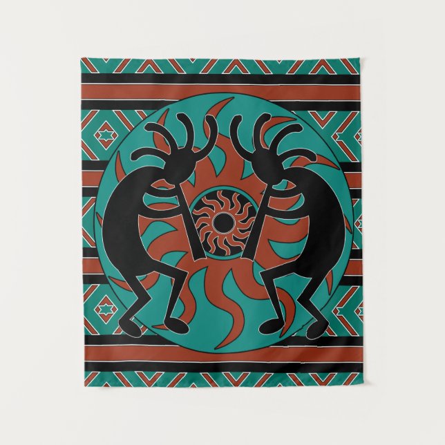 Southwest Turquoise Tribal Sun Kokopelli Wandteppich (Vorderseite)