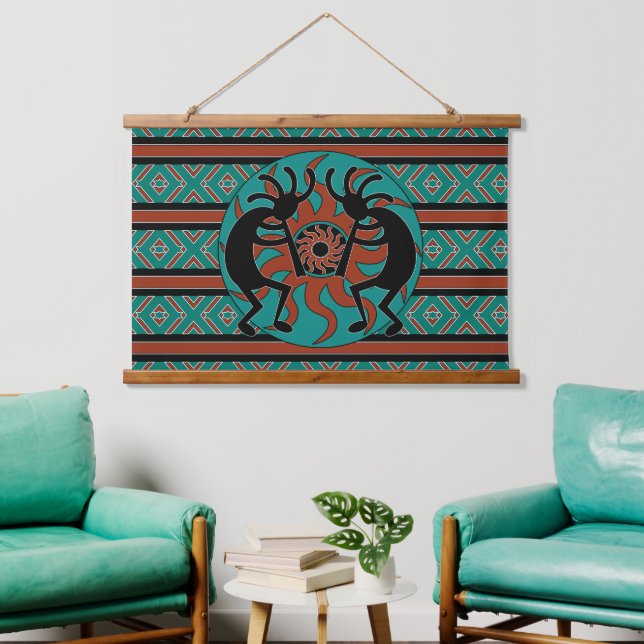 Southwest Turquoise Tribal Sun Kokopelli Wandteppich Mit Holzrahmen (Wohnzimmer)
