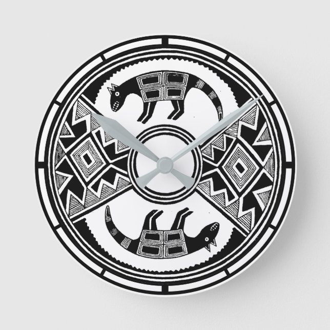 Southwestern Art Wolves Ancient Mimbres Potterie Runde Wanduhr (Vorderseite)