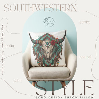 Southwestern Boho Design Bull Skull Throw Pillow Kissen