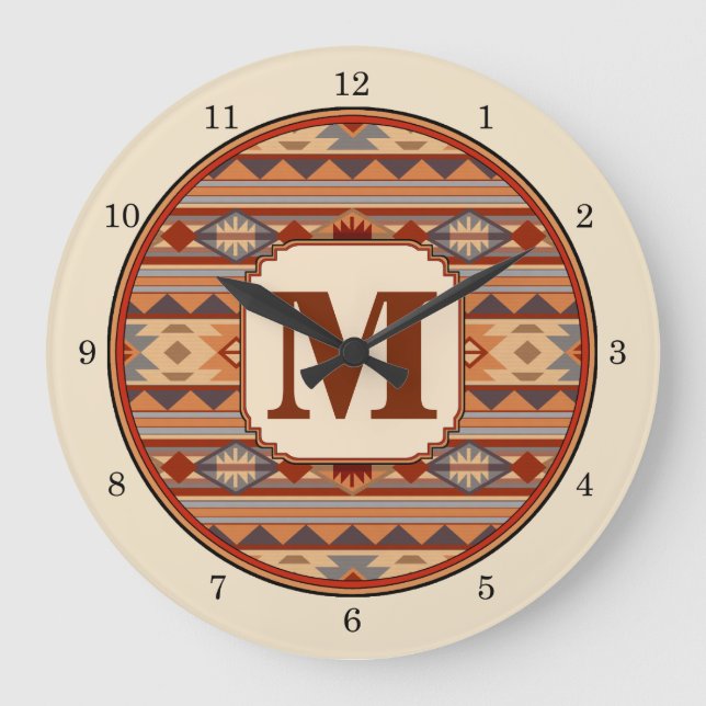 Southwestern Design Tan Monogram Große Wanduhr (Vorderseite)