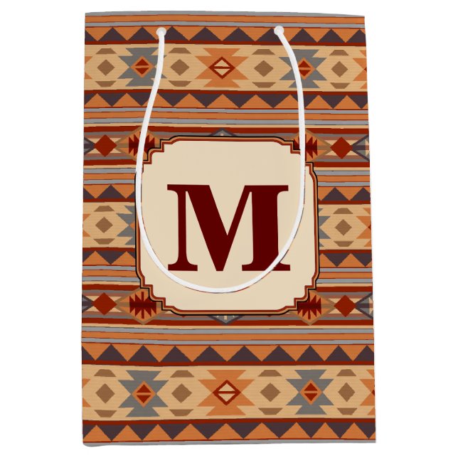 Southwestern Design Tan Monogram Mittlere Geschenktüte (Vorderseite)