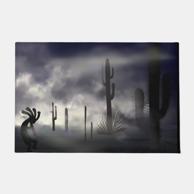 Southwestern Foggy Wüste Kokopelli Halloween Fußmatte (Vorderseite)