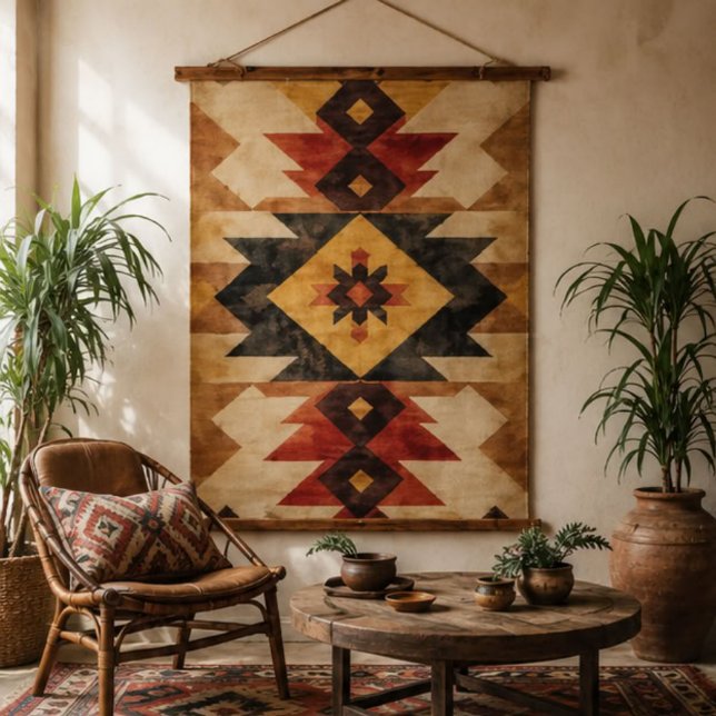 Southwestern Geometric Aztec Pattern Rust Red Gold Wandteppich Mit Holzrahmen (Von Creator hochgeladen)