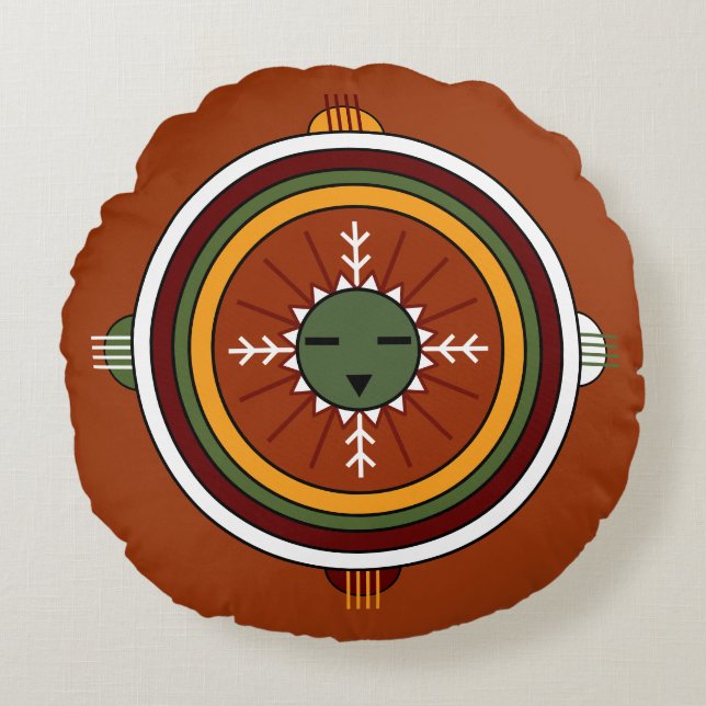 Southwestern Hopi Native American Tribal Sun Face Rundes Kissen (Vorderseite)