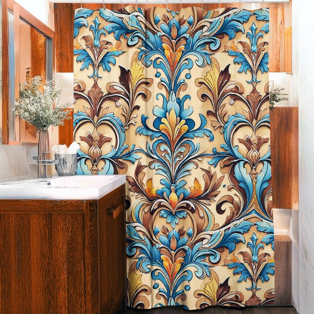 Southwestern Style Symmetrisches Motif Tan Turquoi Duschvorhang (tan and turquoise blue western floral damask pattern shower curtain)