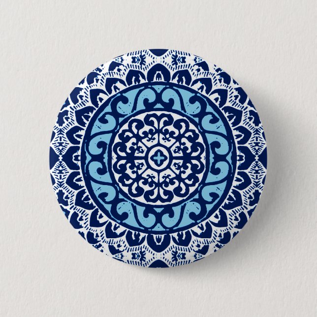 Southwestern Sun Mandala Batik, Navy Blue & White Button (Vorderseite)