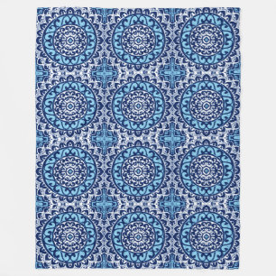 Southwestern Sun Mandala Batik, Navy Blue & White Fleecedecke