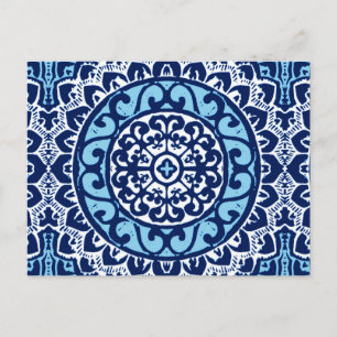 Southwestern Sun Mandala Batik, Navy Blue & White Postkarte