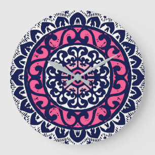 Southwestern Sun Mandala, Fuchsia, Navy & White Große Wanduhr