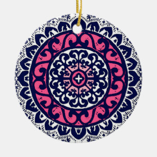 Southwestern Sun Mandala, Fuchsia, Navy & White Keramik Ornament
