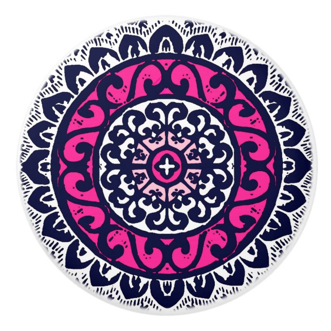 Southwestern Sun Mandala, Fuchsia, Navy & White Keramikknauf (Vorderseite)