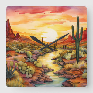 Southwestern Sunset Wall Clock Quadratische Wanduhr