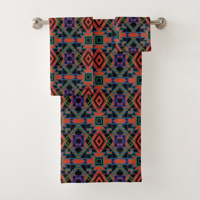 Southwestern Symmetrical Tiled Pattern Line Art Badhandtuch Set (Insitu)