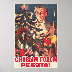 Sowjetisches WWII Frohes Neues Jahr Propagandaplak Poster