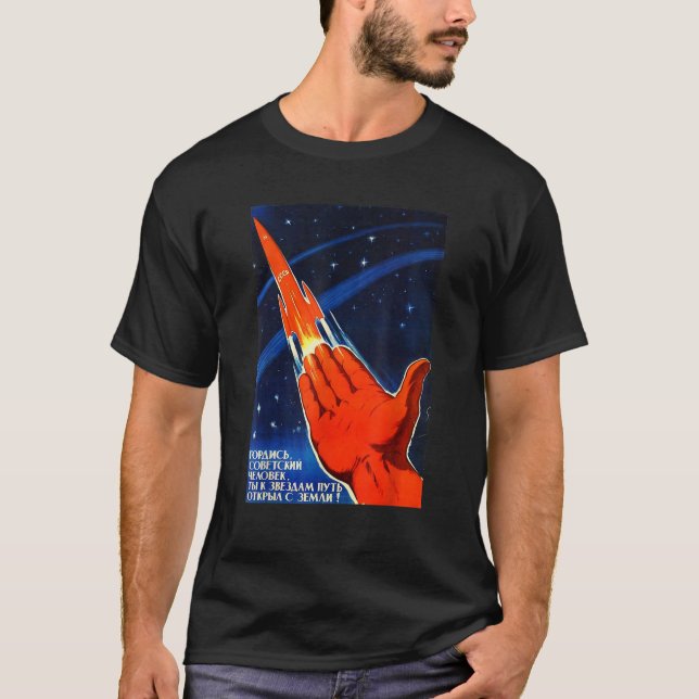 Sowjetproaganda Poster USR Rocket Astrona T-Shirt (Vorderseite)