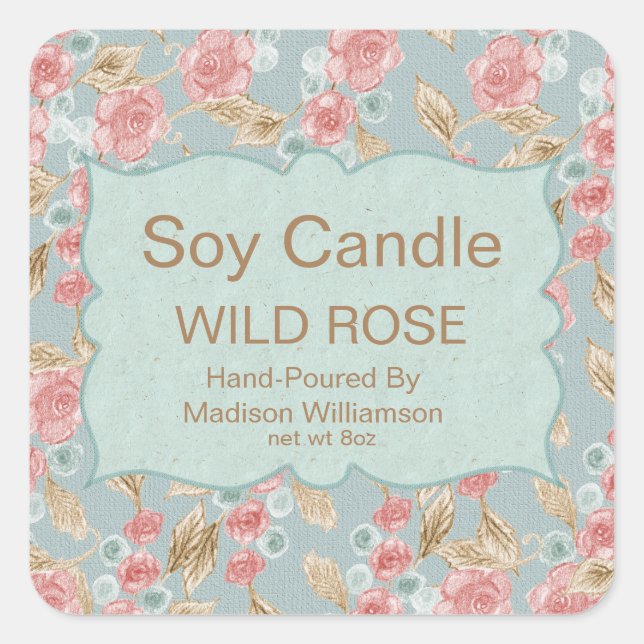 Soy Candle | Vintage florale Personalisiert Quadratischer Aufkleber (Vorderseite)
