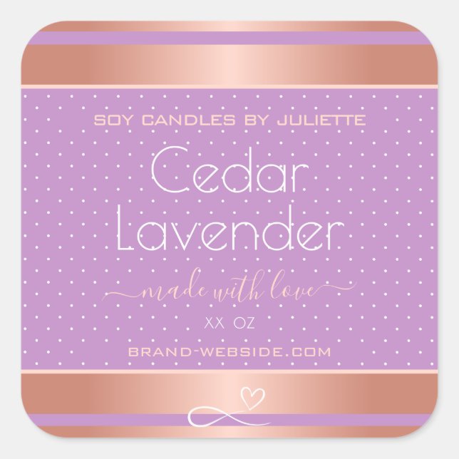 Soy Candles Packing Labels Rose Gold und Lilac Quadratischer Aufkleber (Vorderseite)