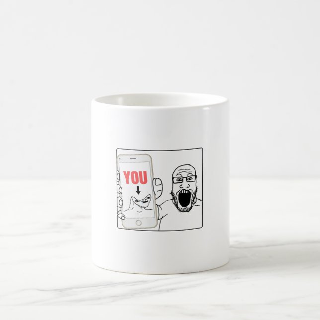 Soyjak zeigt sein Handy Meme Kaffeetasse (Mittel)