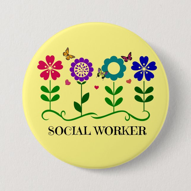 Sozialarbeiter... Blume, Herz und Schmetterlinge Button (Vorderseite)