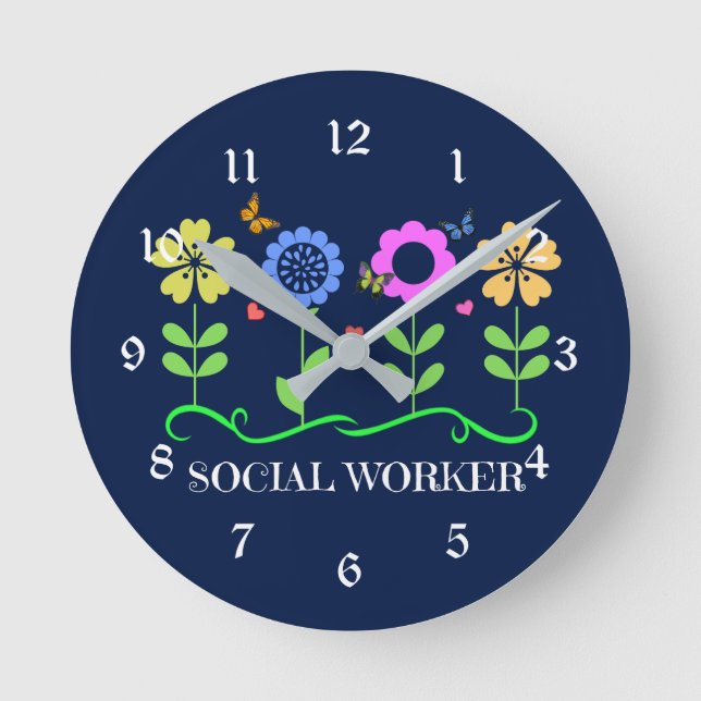Sozialarbeiter... Blume, Herz und Schmetterlinge R Runde Wanduhr (Vorderseite)