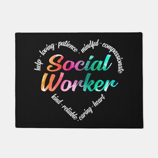 Sozialarbeiter Herz Word Cloud Watercolor Regenbog Fußmatte (Vorderseite)