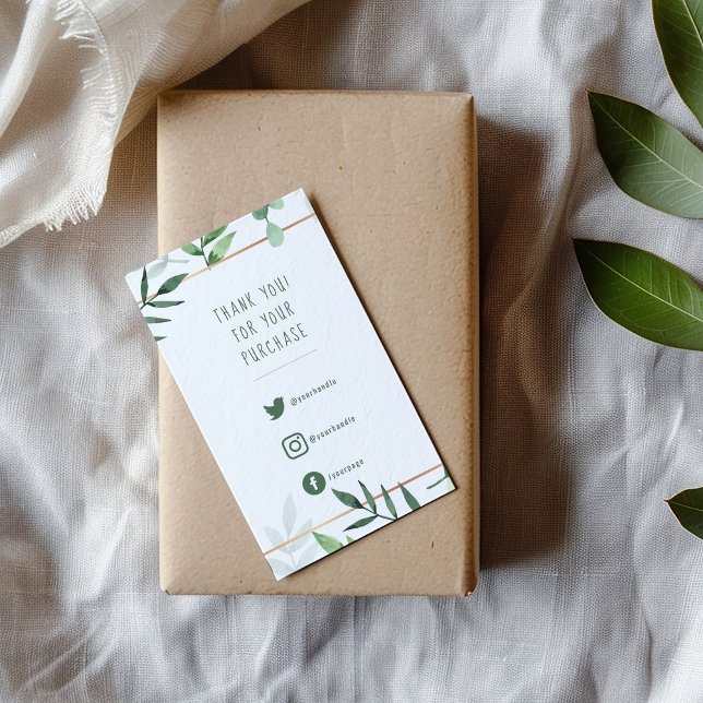 Soziale Links, grüne Blätter Goldgrenzenkarte Begleitkarte (Green leaves and gold border, fun text enclosure card to say thank you to your customers.)