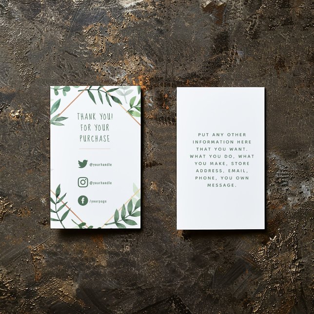 Soziale Links, grüne Blätter, um Karte einfügen. (Green leaves and gold border, fun text enclosure card to say thank you to your customers.)
