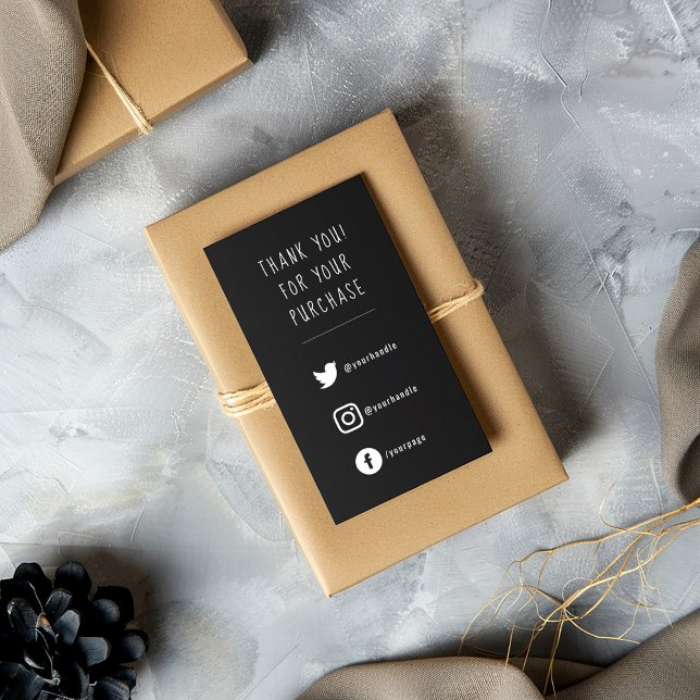 Soziale Links, weiß auf schwarz Reihenfolge einfüg Begleitkarte (White on black fun text social media enclosure card to say thank you to your customers)