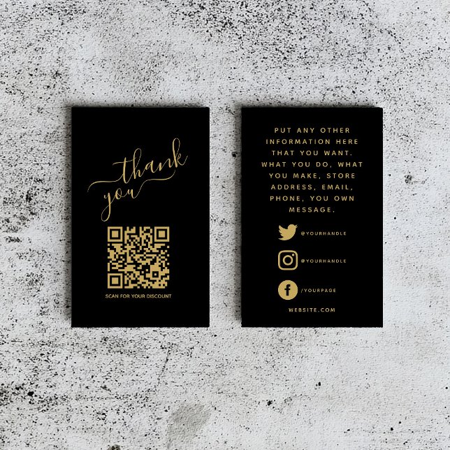 Soziale Logos QR-Code, Gold Luxus Dank einfügen Begleitkarte (Black thank you insert card with gold qr code, thank you message and social media details)