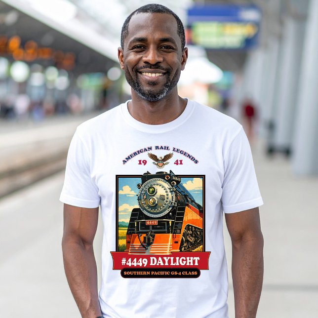 SP GS-4 Daylight 4449 Steam Locomotive Retro Print T-Shirt (SP GS-4 Daylight 4449 Steam Locomotive Retro Print. Men Basic White T-Shirt)
