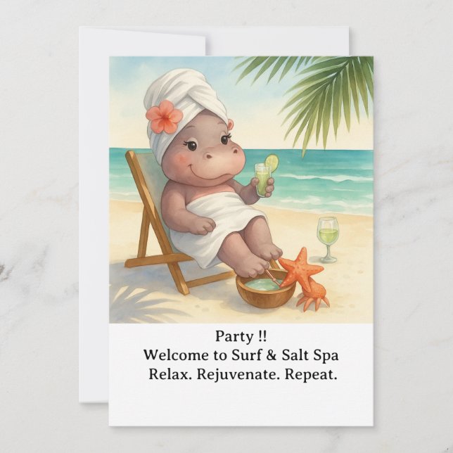 Spa by the beach with Hippo  Invitation Einladung (Vorderseite)