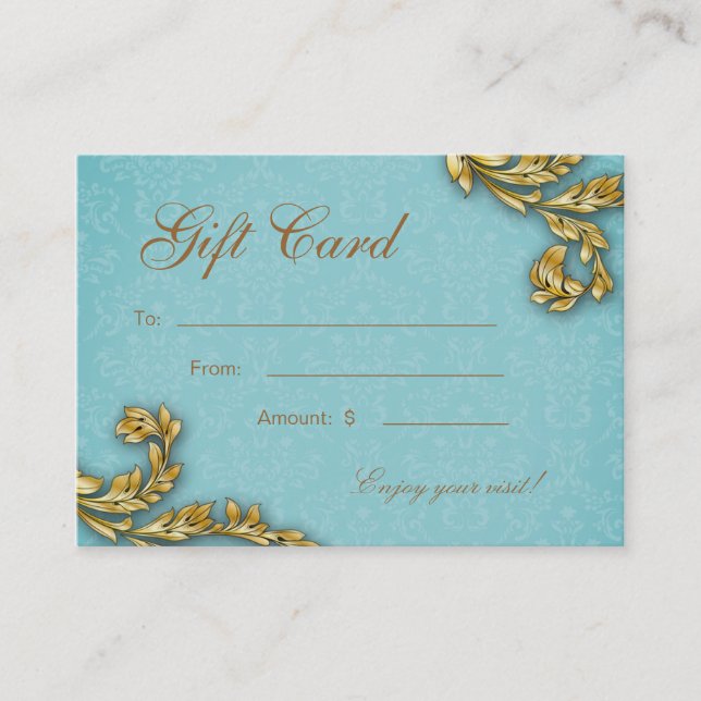 Spa Gift Card Spa Elegant Gold Leaf Blue Rabattkarte (Vorderseite)