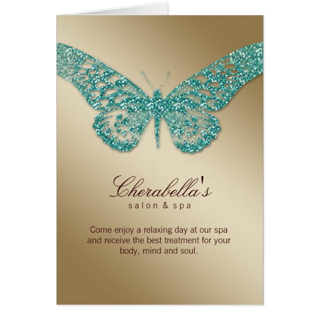 Spa Salon Brochure Card Butterfly Teal Gold (Vorne)