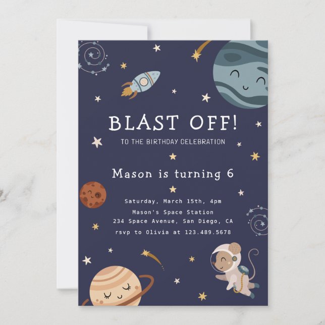 Space Adventure Playful Kids Birthday Party Einladung (Vorderseite)