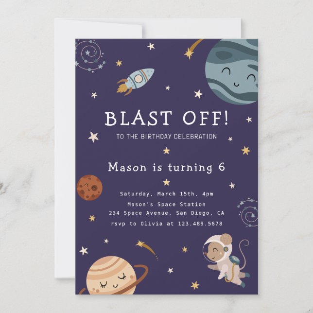 Space Adventure Playful Kids Birthday Party Einladung (Vorderseite)