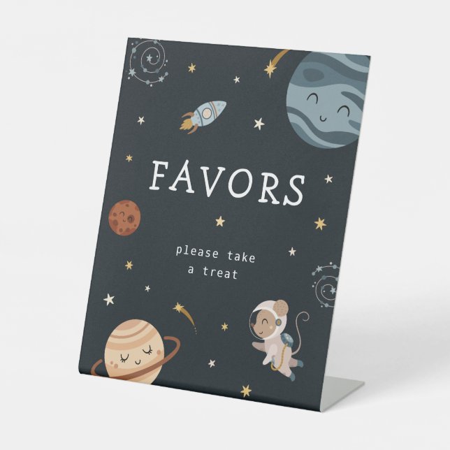 Space Adventure Playful Kids Birthday Party Favors Sockelschild (Vorderseite)