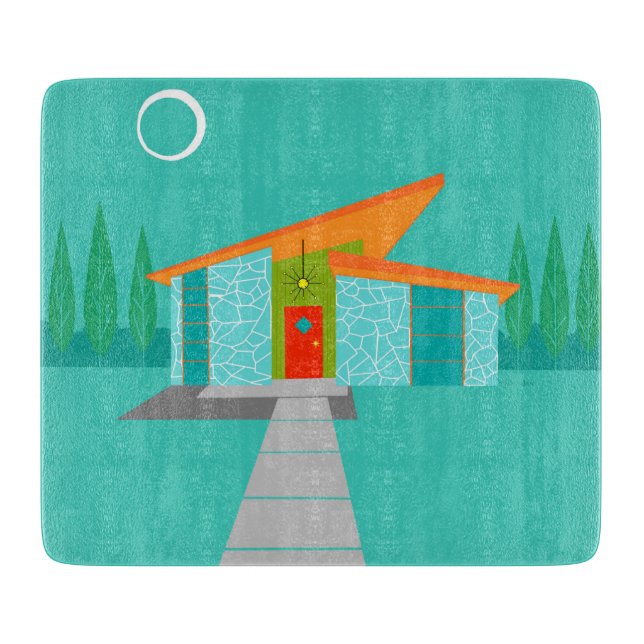 Space Age Cartoon House Glass Cutting Board Schneidebrett (Vorderseite)