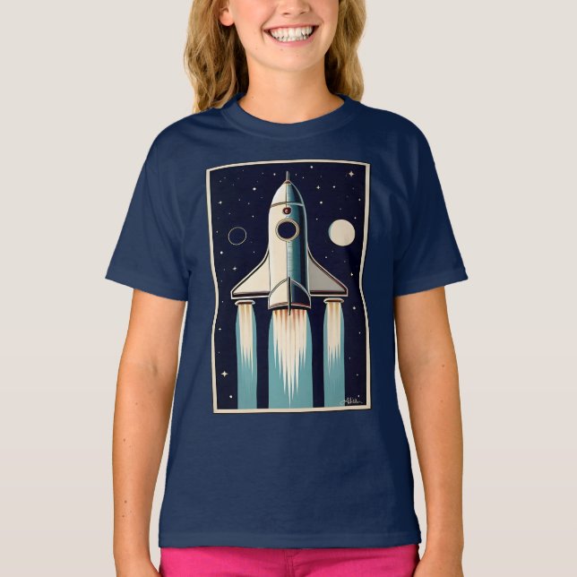 Space Age Retro 50s Rocket Ship T-Shirt (Vorderseite)