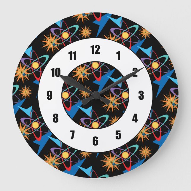 Space Age Retro mehrfarbiges Muster Große Wanduhr (Vorderseite)