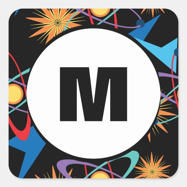 Space Age Retro mehrfarbiges Muster Quadratischer Aufkleber (Vorderseite)