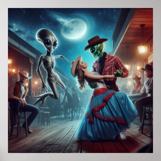 "Space Alien Dancing", "Old West Saloon", Cowgirl Poster (Vorne)