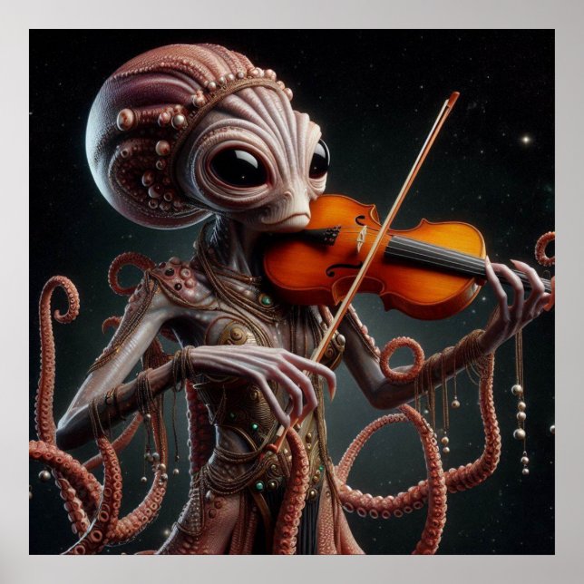 Space Alien Femail Octopus Geige spielen Poster (Vorne)