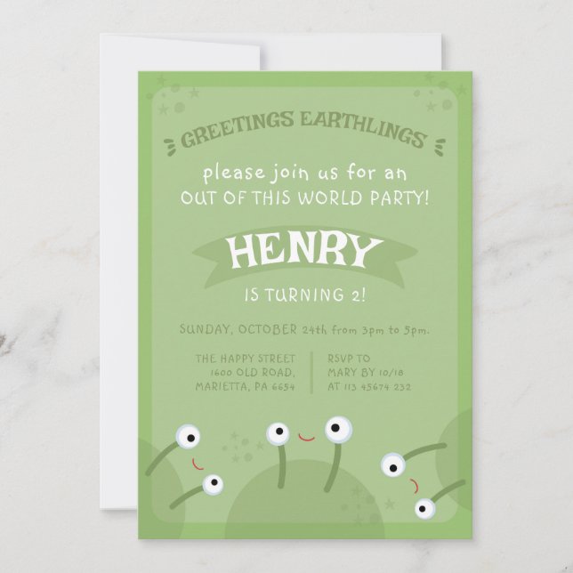Space Alien Invitation for Birthday Party UFO Einladung (Vorderseite)