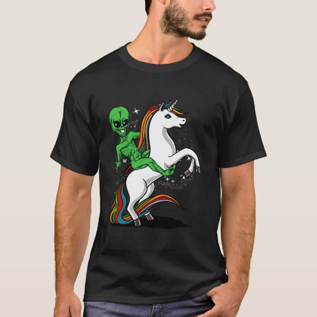 Space Alien Riding Unicorn Funny Ufo Boys Girls Ki T-Shirt (Vorderseite)