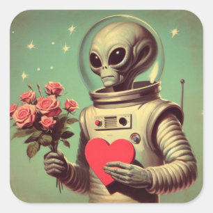 Space Alien Valentine Sci Fi Romantic Valentine Quadratischer Aufkleber
