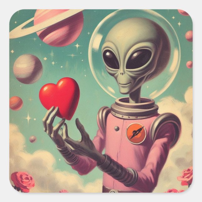 Space Alien Valentine Sci Fi Romantic Valentine Quadratischer Aufkleber (Vorderseite)