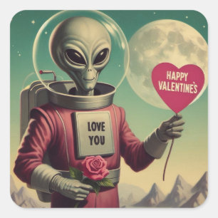 Space Alien Valentine Sci Fi Romantic Valentine Quadratischer Aufkleber