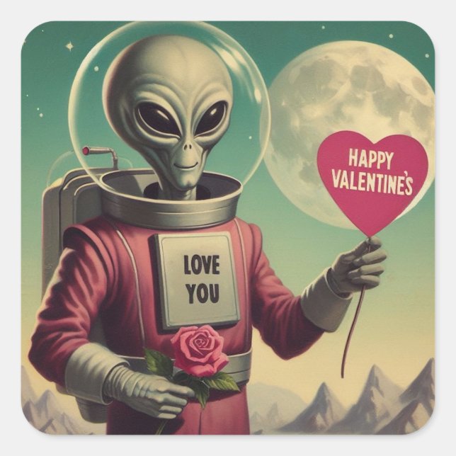 Space Alien Valentine Sci Fi Romantic Valentine Quadratischer Aufkleber (Vorderseite)