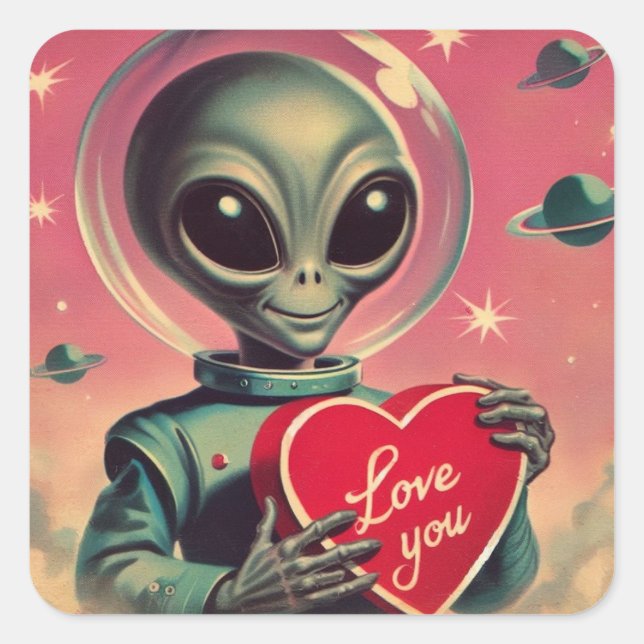 Space Alien Valentine Sci Fi Romantic Valentine Quadratischer Aufkleber (Vorderseite)